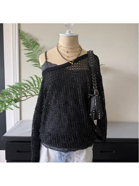 European Club LTD Silver Crochet Fishnet Knit Top M/L Grunge Goth Indie Sleaze